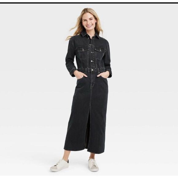 Universal Thread Women's Long Sleeve Denim Shirt Maxi Dress Black Wash SZ 0 NWT - Picture 1 of 6